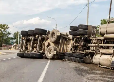 semi truck on its side in the road